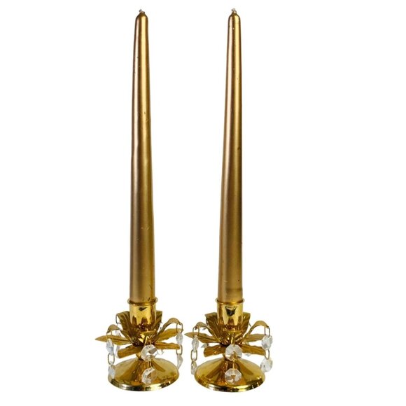 Fancy Hollywood Gold Tone Candlestick Holder Set Chandelier Crystal Dangling Pri - Picture 1 of 11